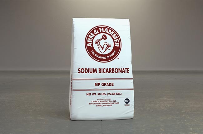 MP grade sodium bicarbonate shown in labeled industrial packaging