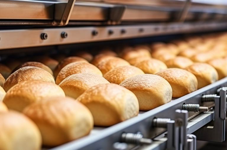 Dozens of bread rolls on a conveyor belt.