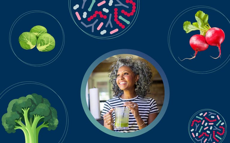 Infographic showing vegetables and a woman drinking a probiotic smoothie